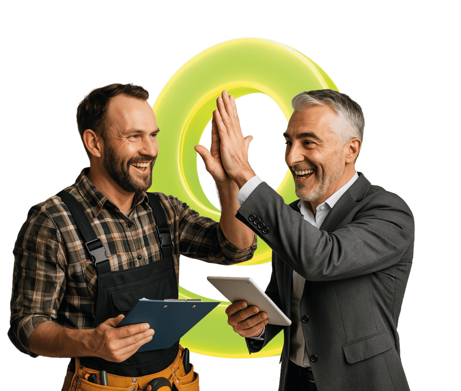 Handwerker und Geschäftsmann geben sich ein High Five vor dem Expoya-g