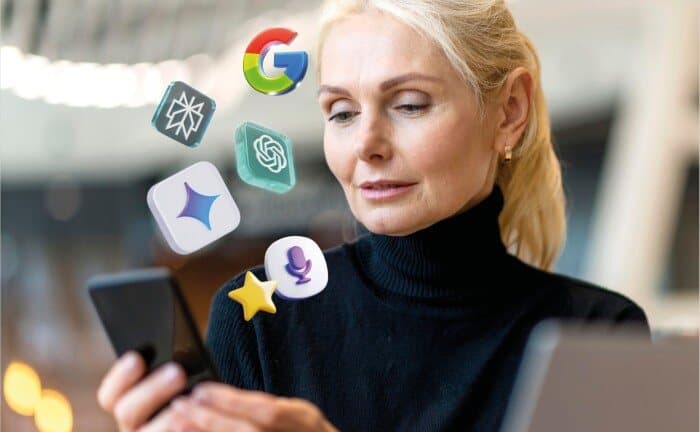 Frau mit Smartphone, umgeben von Symbolen für Google, ChatGPT, Gemini, Perplexity und Sprachsuche
