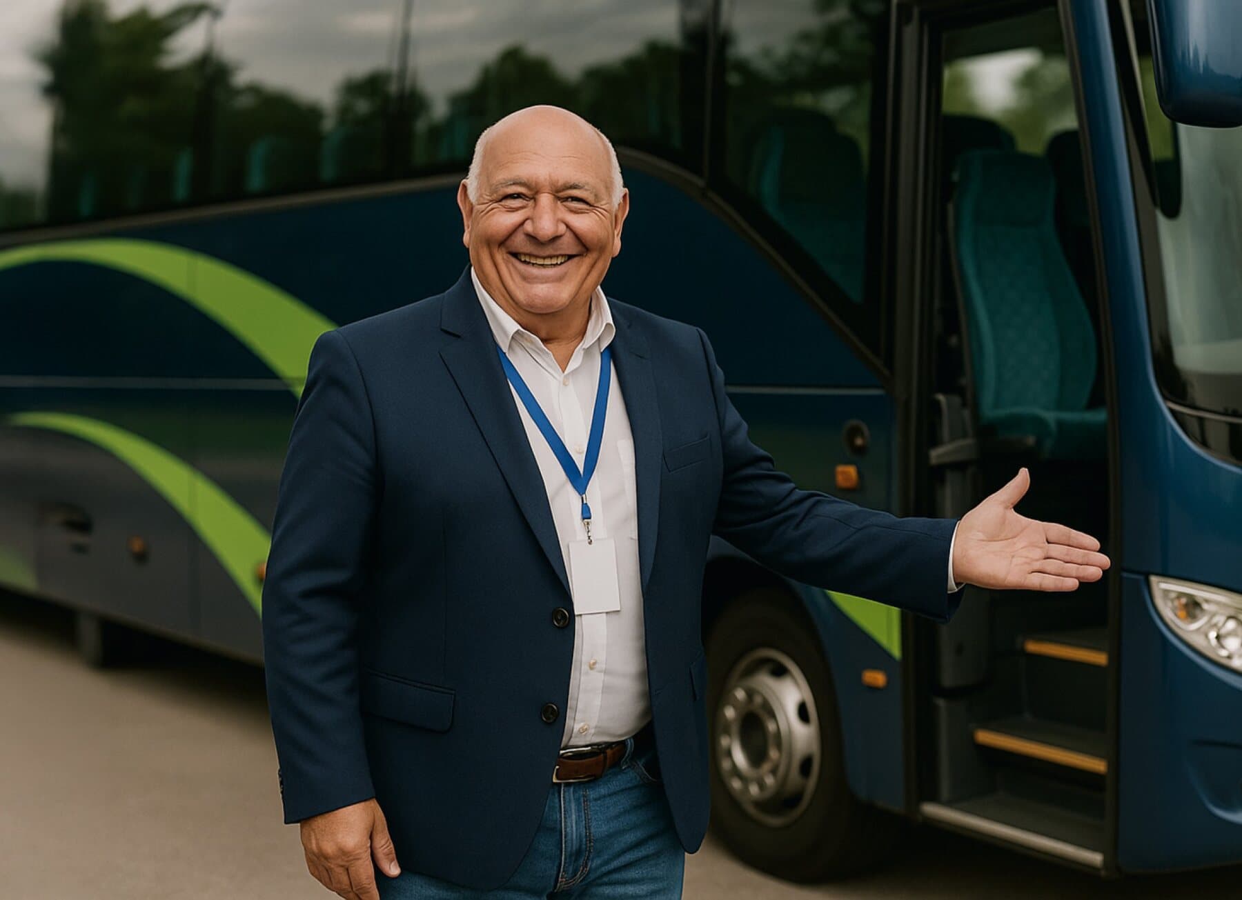Unternehmer präsentiert stolz seinen Reisebus