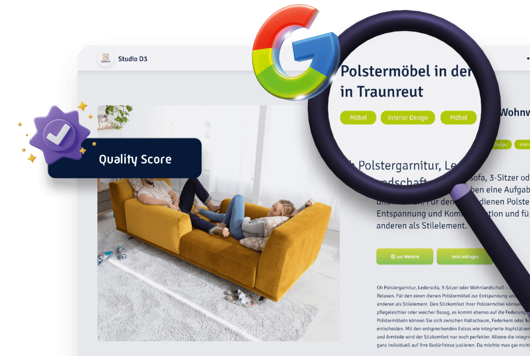 Expo eines Möbelhändlers unter der Lupe, mit Google-Logo und Quality-Score-Siegel