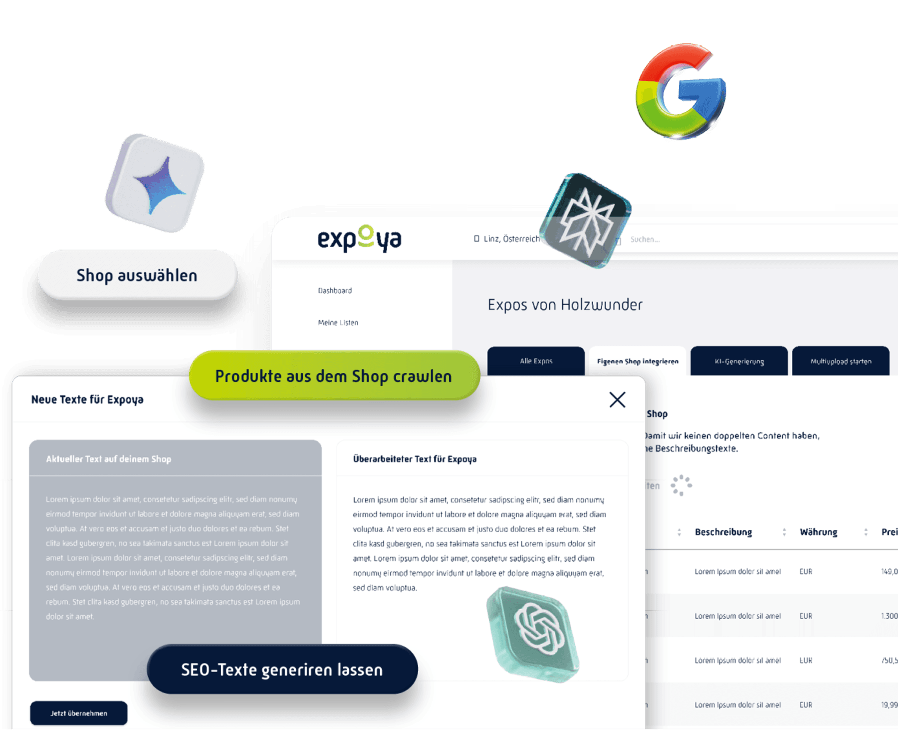 Expoya-Oberfläche: Produkte aus dem Shop crawlen und SEO-Texte für Expos generieren lassen